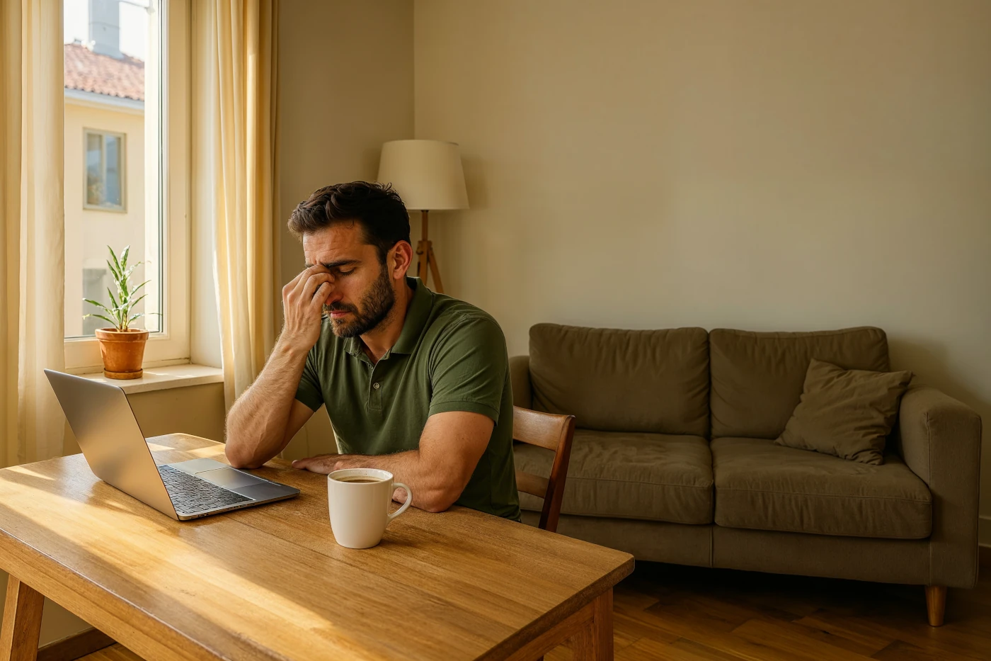 Persona cansada trabajando frente al portátil con una taza de café